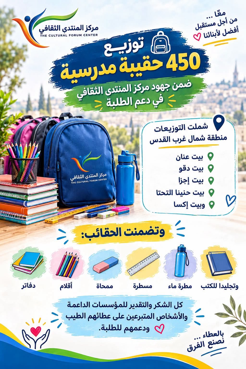 As part of Cultural Forum Center’s efforts to support students, 450 school bags were distributed across the northwestern Jerusalem area, including Beit Anan, Beit Daqou, Beit Ijza, Beit Hanina al-Tahta, and Beit Iksa. The bags included essential scho